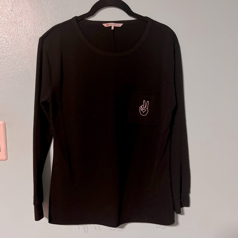 C&C California Black Long Sleeve Shirt with Raw Edge and Hand Peace Sign M